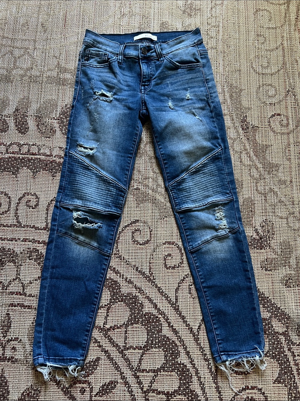 KanCan Distressed Dark Blue Skinny Jeans with Ribbed Knee Panels